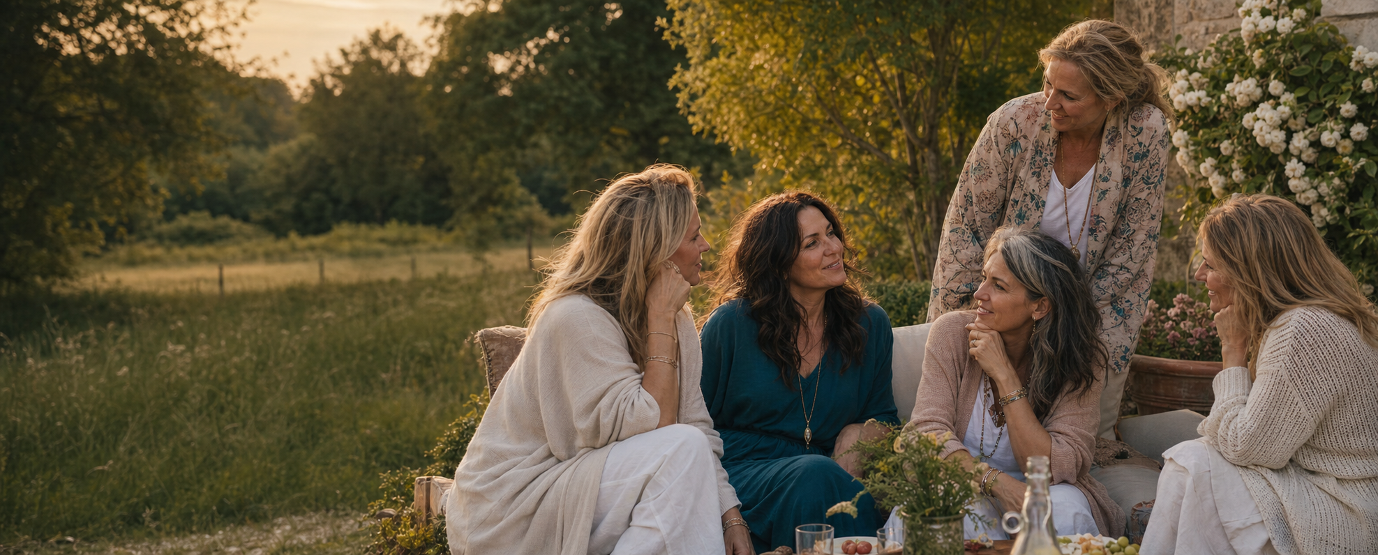 Creative women gathered outdoors in warm evening light